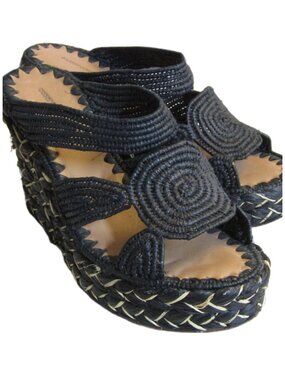 CARRIE FORBES Platform Wedge Sandals Espadrilles Raffia Black EU 39 US 8-8.5